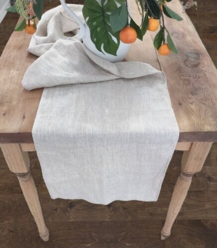 French Country Linen Table Runner in Natural Flax Color 84" x 15"