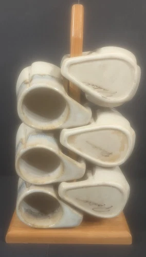 Rodolpho Padilla Drip Glaze Earthenware 6 Stacking Mugs Cups Set w/ Stand Signed