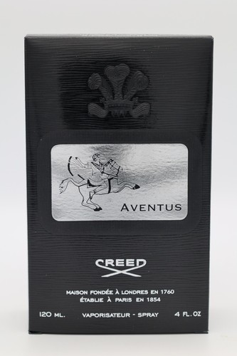 Black rectangular Creed Aventus box with silver emblem of winged figure on horse, text “MAISON FONDÉE À LONDRES EN 1760,” and 120ml.