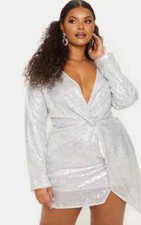 PrettyLittleThings Silver Sequin Twist Front, UK Size 14, Original rrp £45