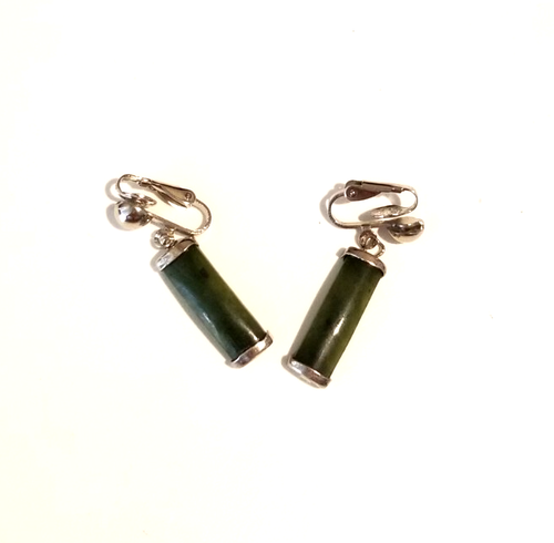 *Vintage Chinese Import Silver Tone Spinach Jade Dangle Earrings** - Picture 4 of 5