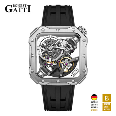 BONEST GATTI Men's Square Skeleton Tourbillon Automatic Mechanical Wristwatch