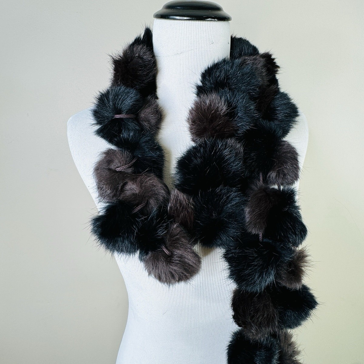 Fur Ball Rabbit Scarf Stole Wrap Black Brown Pom Pom Neck