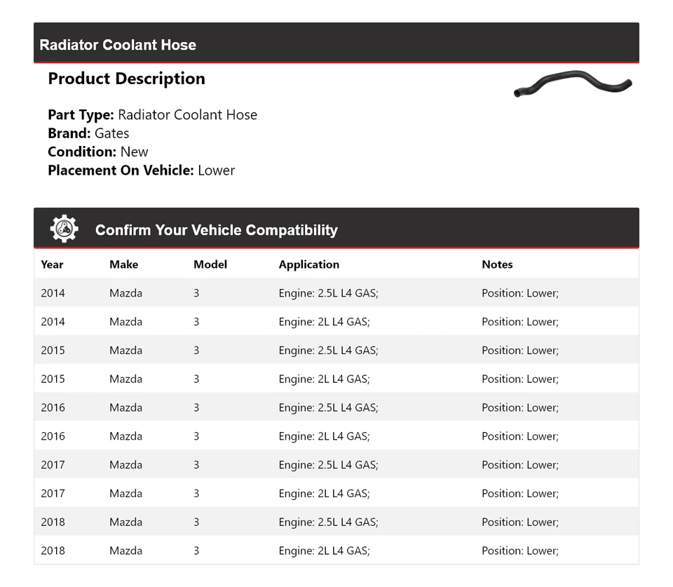 For 2014-2018 Mazda 3 Radiator Coolant Hose Lower Gates 2015 2016 2017 - Image 2 of 3