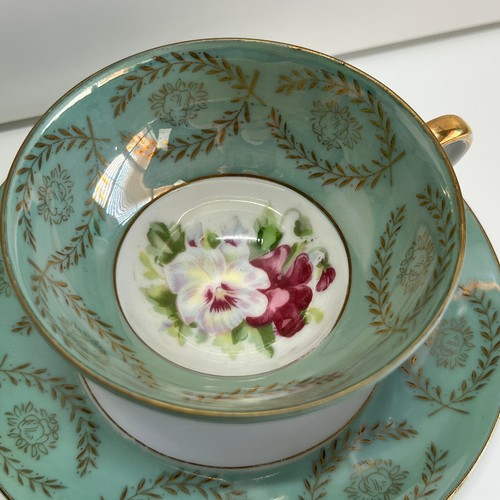 Vintage Royal Sealy Japan Tea Cup & Saucer Set Mint Green Purple Pansy Floral - Picture 2 of 7