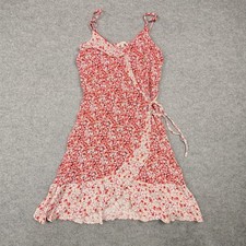 Skies Are Blue Dress Womens Medium Red Floral Wrap Short Ruffle Lined Casual