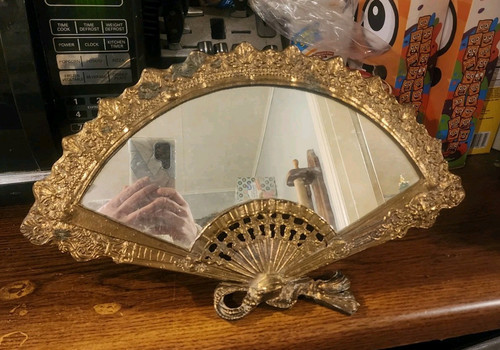 Vintage 1900s Italian Brass Framed Table Mirror Hollywood Regency Fan Shape Rare