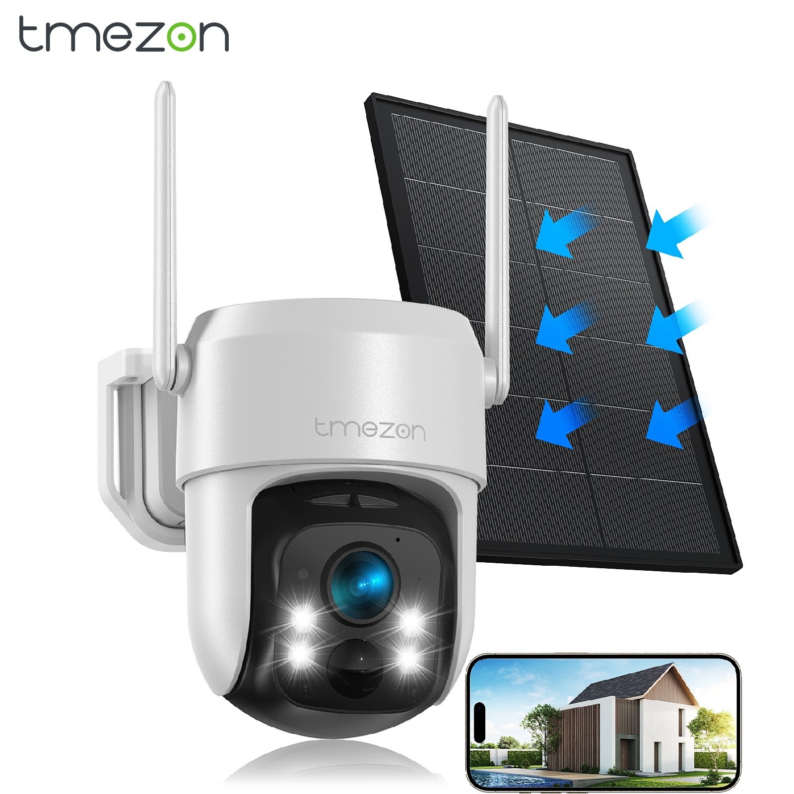 TMEZON Outdoor Solar Security Camera Battery Powered Wireless WiFi 360° PTZ Home