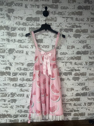 NWT! Tan Tuan Watermelon Print Pink Ruffle Lace Bow Dress Size M - Picture 7 of 7