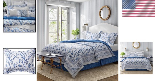 Elegant Cotton Comforter Set with Shams & Bedskirt in Charlotte Blue - Queen - Picture 2 of 9