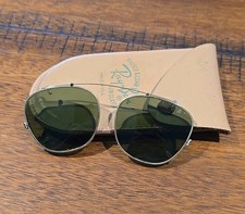 VTG 1950s Ray-Ban Clip On Sunglasses Bausch  Lomb Green Lens Gold Frame  Case