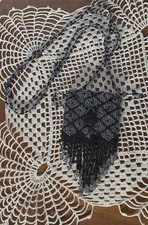 Beaded Amulet Medicine Pouch Long Totem Bag Blk Silver Shimmer Necklace w/Clasp