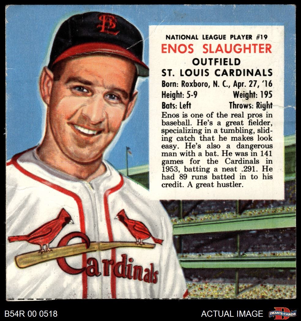Enos Slaughter #19 Baseball Cards 1954 Red Man Tobacco trading card — raw and PSA graded price guide