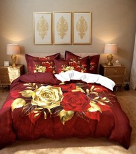 Queen Red  Gold Rose Floral Duvet Cover Set 3-Piece Pillowcases Zip