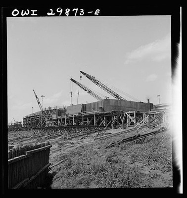 1930s Industrial Construction Site Cranes Scaffolding Wooden Framework