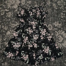 Black Floral Mini Dress Women's Med Spaghetti Strap Summer Casual Preppy Cute