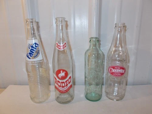 4 Vintage Soda GLASS BOTTLES RODEO COCA COLA CHEERWINE FANTA PINEAPPLE