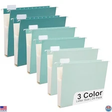 24 Pack Extra Capacity Hanging File Folders, Teal Blue, Expandable with Tabs