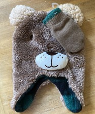 Infant Winter Bear Face  Ears Beanie Hat  Mittens Soft Brown  Green