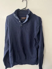 Perry Ellis Men Navy Blue Sweater 1/4 Button Neck Sz Large