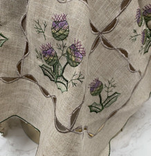 Luxury Embroidered Tablecloth 36 ins Square Scottish Thistle Flowers Faux Linen 
