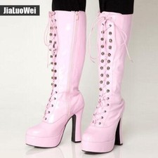 Gothic Womens Knight Mid Calf Boots Platform High Block Heel Combat Shoes 12cm