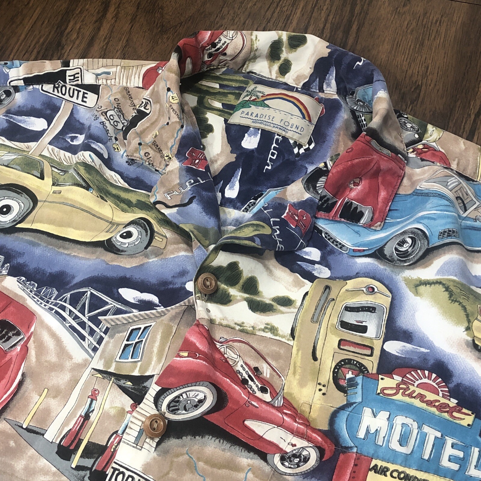 Vtg PARADISE FOUND Hawaiian Shirt Mens M Route 66 Corvette Stingray Made Hawaii