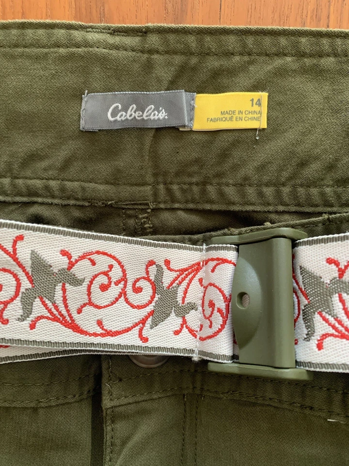 Cabela’s Mujer Exterior Pierna Recta Pantalones Talla 14 Laurel Verde Rojo Cinturón Foto 4 de 4