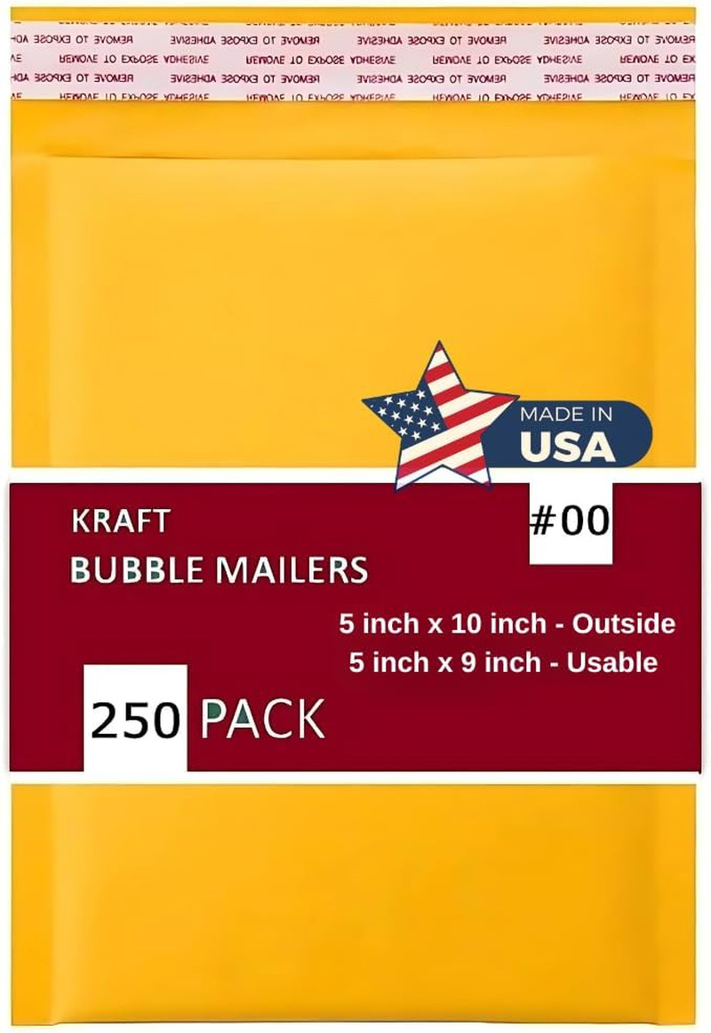 250 PC #00 5X10 Inches Pack Kraft Bubble Mailers Yellow Shipping Padded Envelope