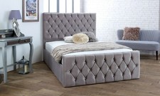 Image of Diamond Upholstered Soft Velvet Fabric Chesterfield Sleigh Bed Frame