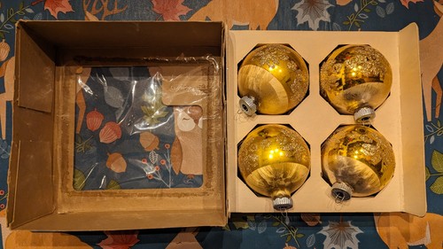 Vintage Lanissa Max Eckardt Brite lucido 4 ornamenti vetro scatola originale oro glitter USA - Foto 2 di 6