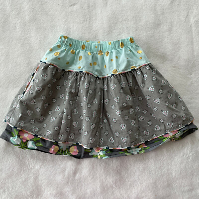 Matilda Jane Hello Lovely Fun Day Skirt Gray Floral Gold Polka Dots Girls Size 4