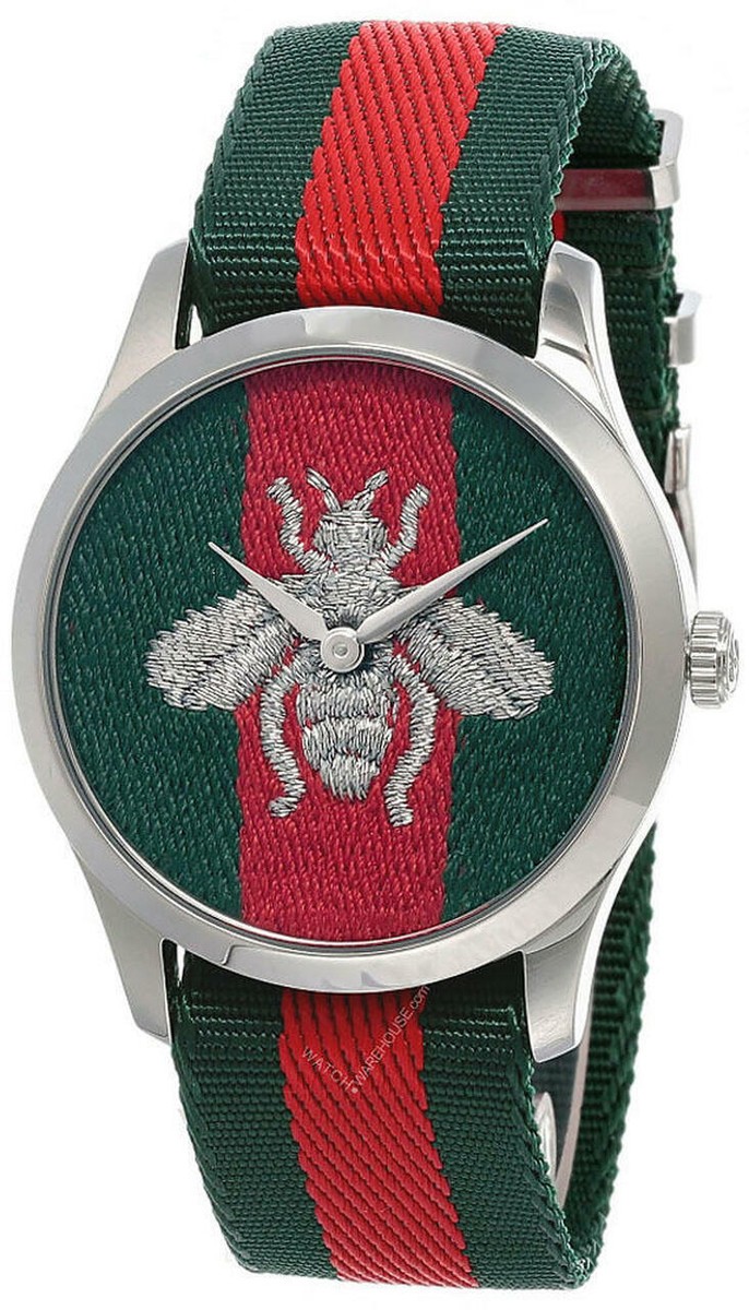 GUCCI G-TIMELESS 38MM QTZ SS GREEN/RED NYLON STRAP MEN