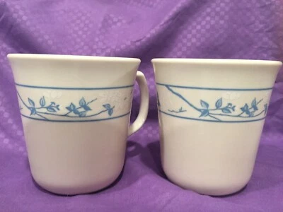 CorningFirst of Spring Mugs Set of 2 Vintage White Blue Floral Coffee Cups USA - image 1 of 4