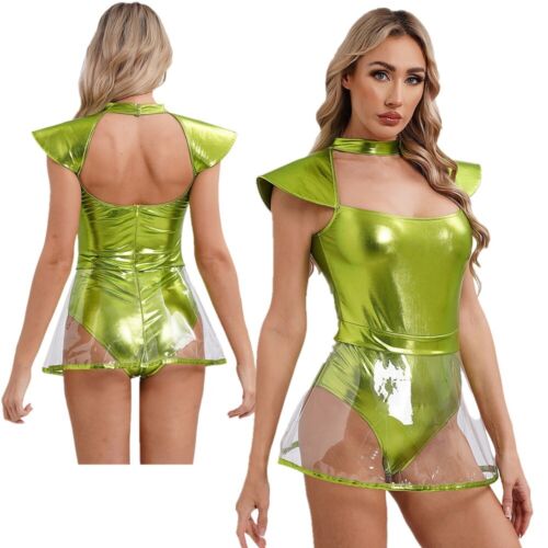 DE Damen Shiny Metallic Halloween Space Alien Cosplay Kostüm Trikot Bodysuit - Bild 6 von 97