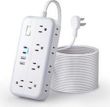 25FT Flat Extension Cord with 10 Outlets  4 USB Ports, Surge Protector