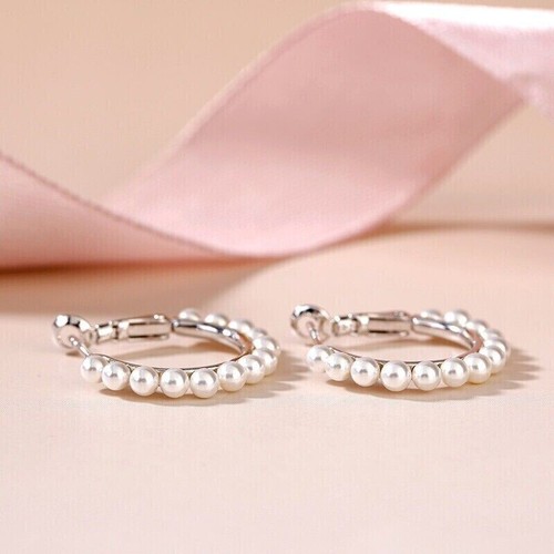 2.10Ct Round Cut Genuine Pearl Huggie Hoop Earrings 14K White Gold Silver Plated - Picture 3 of 3