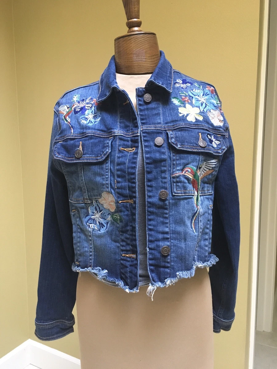 Hidden Jeans Cropped Raw Hem Embroidered Denim Jacket Size Small