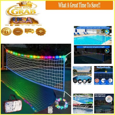 LED Pool Volleyball Net 15-27ft with Lights, Storage Bag, Adjustable, Blue