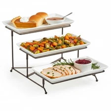LAUCHUH 3 Tier Serving Stand Collapsible Sturdier Rack with 3 Porcelain Serving