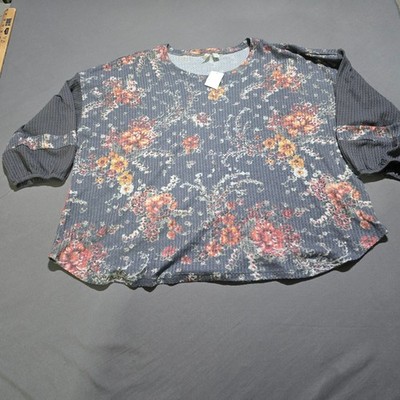 new EST. 1946 Waffle Knit Top Womens 22/24W Grey Floral Long Sleeve Scoop Neck