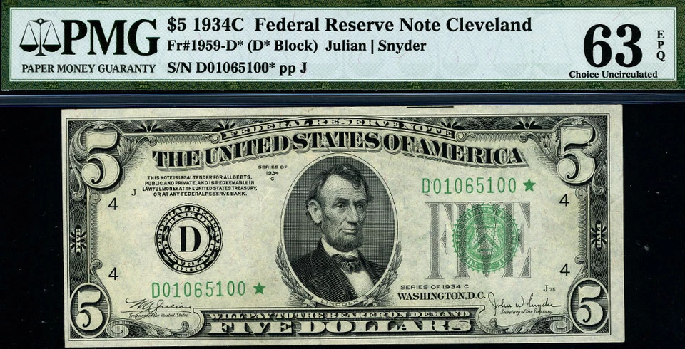 FR. 1959 D* $5 1934-C Federal Reserve Note Cleveland D-* Block Choice PMG CU63 E - Image 2 of 3