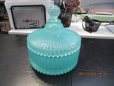 Vintage Turquoise Blue Ribbed Lidded Candy Di...