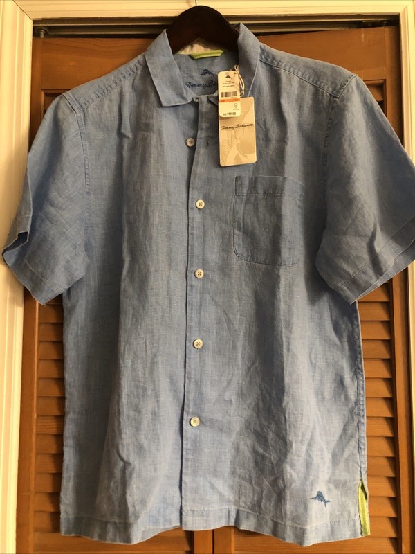 Tommy Bahama Camp Shirt Sea Glass Solid Linen  Blue Yonder SS New Size Small