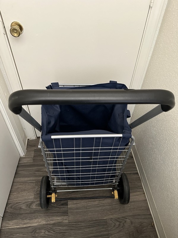 Foldable 4-Wheel Utility Shopping Cart Wagon, Metal Frame, Blue Fabric Liner