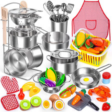 Deluxe Kids Pretend Play Kitchen Set - 32 Stainless Steel Cooking Accessories