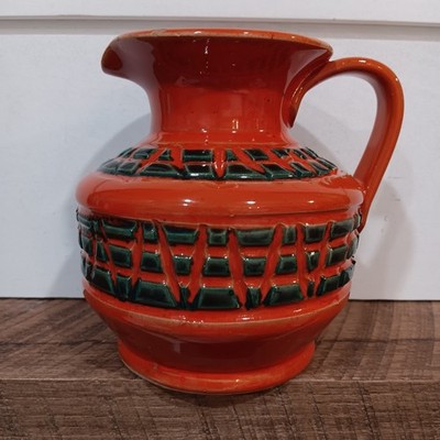 Vintage Italian Pottery Pitcher Vase MCM Orange Green Geometric Bitossi Style