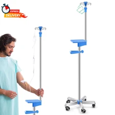 Thyle IV Pole with Wheels Tray Stand Portable 4 Hooks 5 Wheels IV Fluid Bag Stan