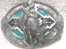 Silver 3D Bull Rider 1996 Bergamot Turquoise Engraved Edge Great Vintage USA