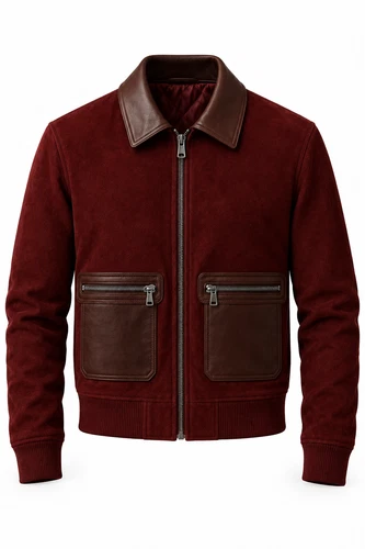 Men's Burgundy Suede Bomber Jacket Brown Leather Collar Zip Pockets Casual Coat - product listing photo